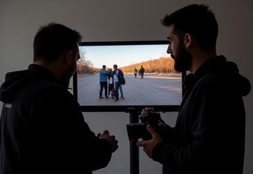 Two photographers reviewing shots on a camera
